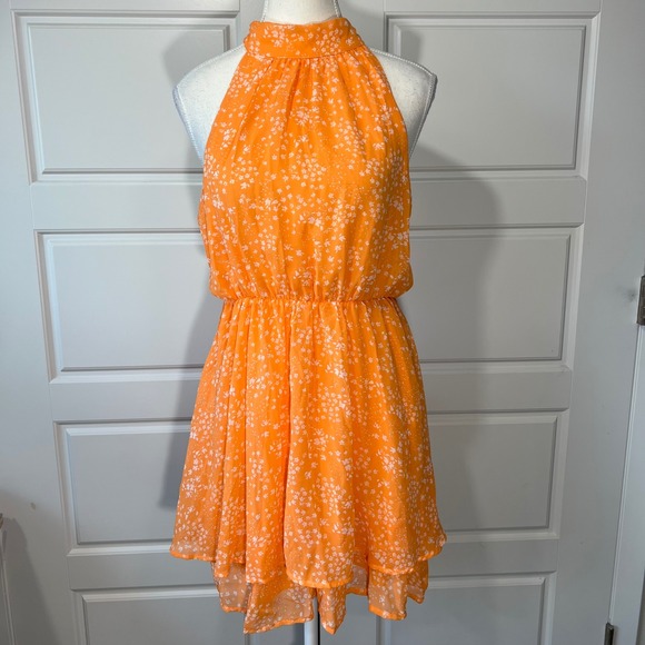 Sienna Sky Orange Floral Halter Neck Dress Sleeveless Layered Mini L - Picture 1 of 8